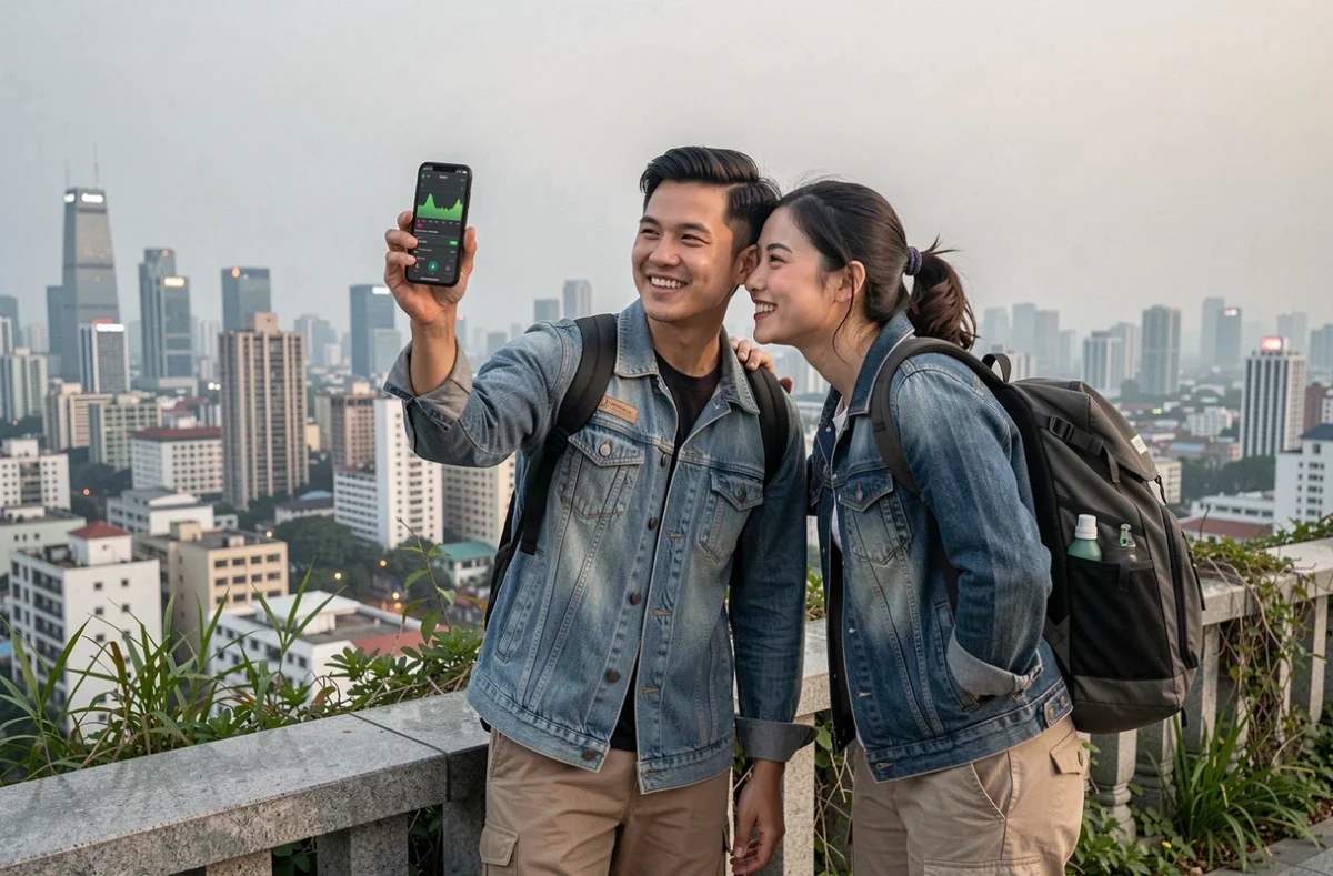 Couple de voyageurs vérifiant leur consommation de données mobiles Saily sur smartphone devant un panorama urbain asiatique
