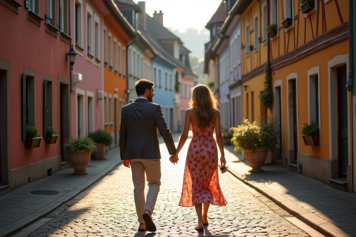 Couple main dans la main dans un village alsacien coloré