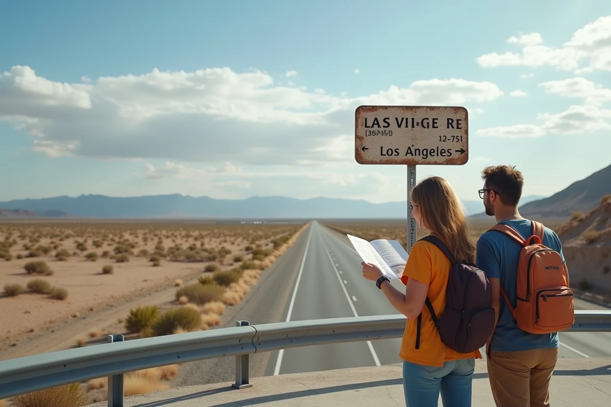 Couple avec sacs à dos devant un panneau de distance indiquant Las Vegas et Los Angeles à un belvédère autoroutier dans le désert