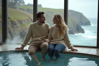 Couple souriant au bord de la piscine chauffée en Bretagne