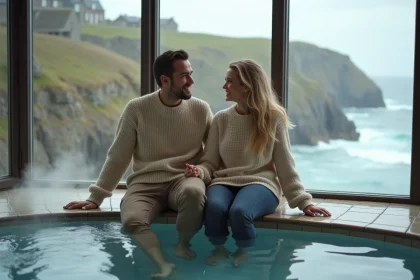 Couple souriant au bord de la piscine chauffée en Bretagne