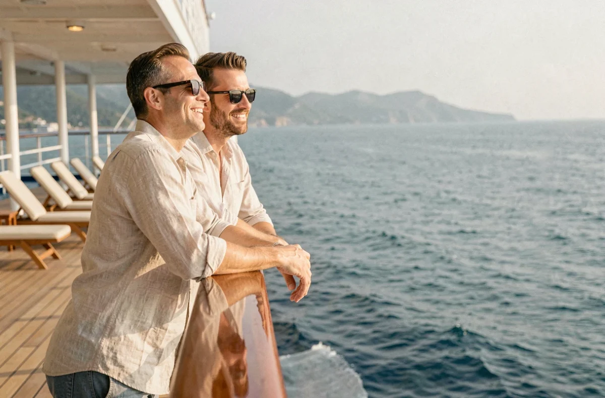 Couple souriant sur le pont d'un bateau de croisière MSC avec vue sur la mer Méditerranée