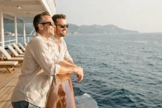 Couple souriant sur le pont d'un bateau de croisière MSC avec vue sur la mer Méditerranée