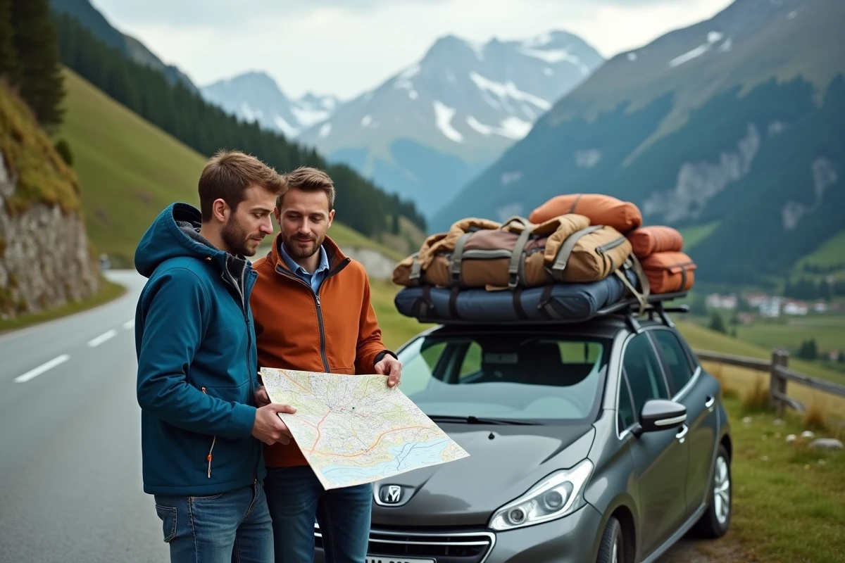 Couple planifiant un road trip en voiture sur une route alpine avec carte routière dépliée sur le capot