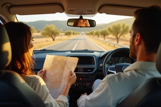 Couple en voiture sur une autoroute gratuite en Espagne lors d'un road trip estival