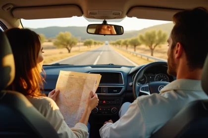 Couple en voiture sur une autoroute gratuite en Espagne lors d'un road trip estival