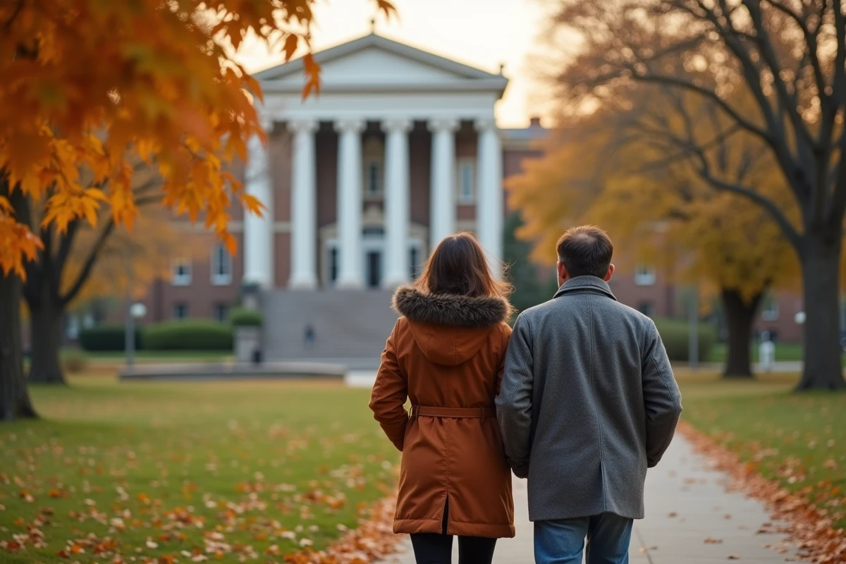Couple se promenant devant les bâtiments historiques de Snug Harbor Cultural Center à Staten Island en automne