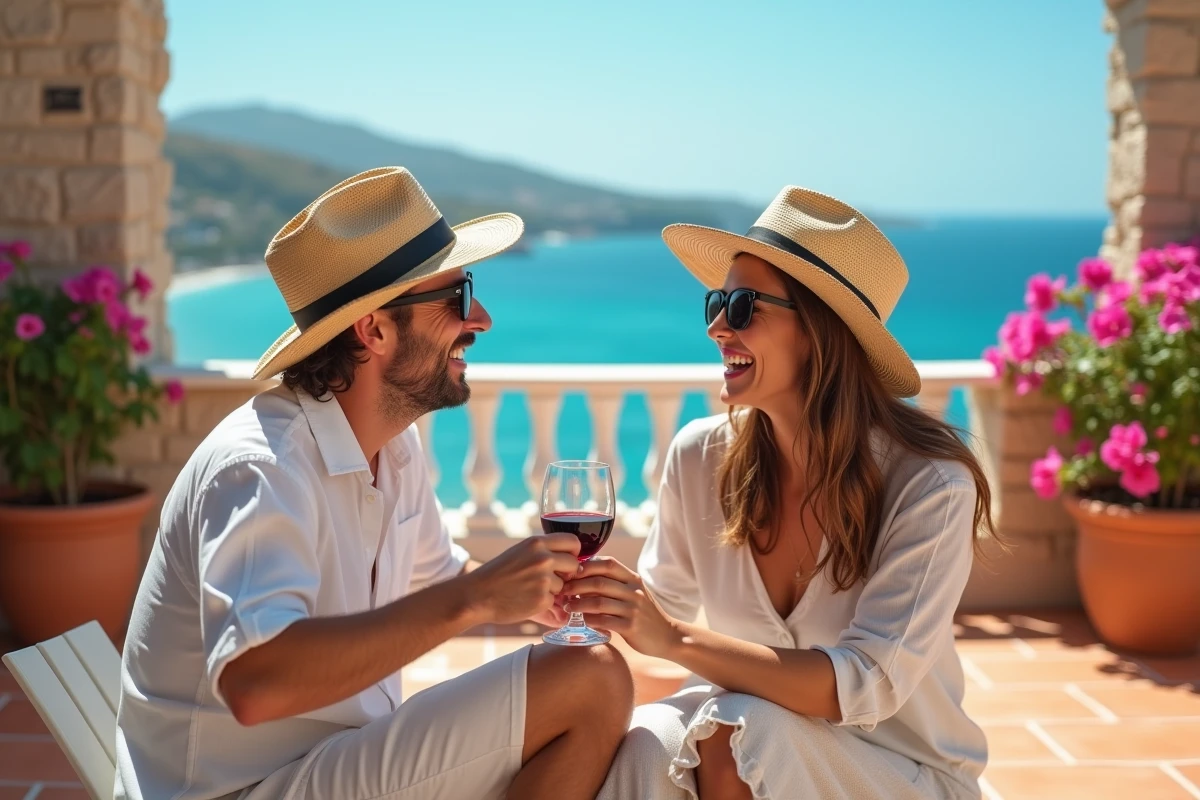 Couple profitant d'une terrasse méditerranéenne lors d'un séjour de dernière minute réservé via Leclerc Voyages