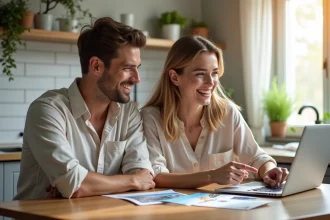 Couple planifiant un voyage de dernière minute sur Leclerc Voyages depuis leur cuisine moderne avec brochures et ordinateur portable
