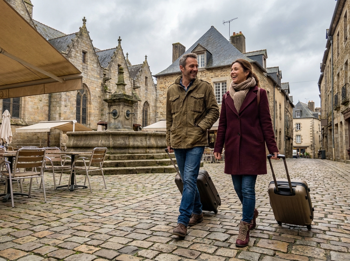 Couple en voyage profitant d'un week-end prolongé dans une place de ville européenne