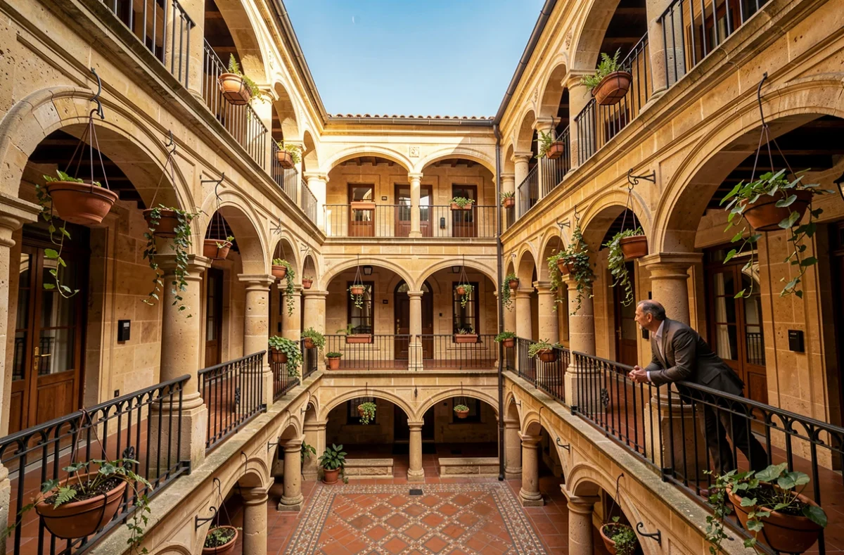 Cour intérieure Renaissance de l'hôtel Cour des Loges dans le Vieux-Lyon avec galeries en pierre dorée
