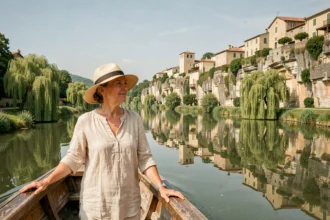 Femme profitant d'une croisière fluviale sur le Lot avec vue sur les falaises calcaires et villages médiévaux
