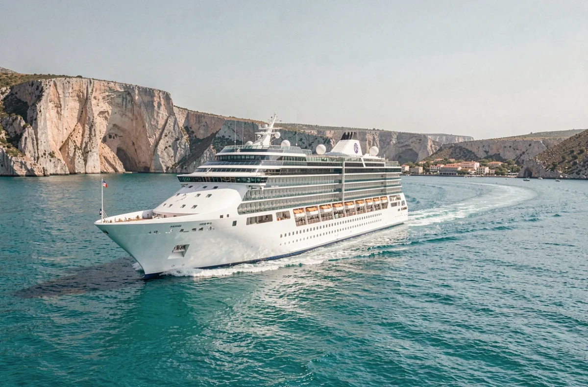 Paquebot de croisière naviguant sur la mer Méditerranée turquoise longeant une côte calcaire spectaculaire