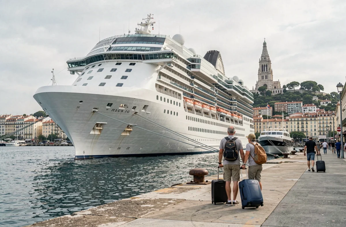 Paquebot de croisière amarré au port de Marseille avec vue sur Notre-Dame de la Garde en arrière-plan
