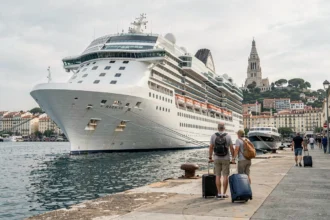 Paquebot de croisière amarré au port de Marseille avec vue sur Notre-Dame de la Garde en arrière-plan