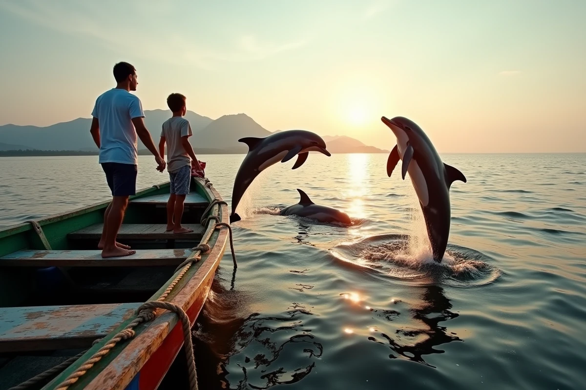 Dauphins sautant au lever du soleil près de Lovina