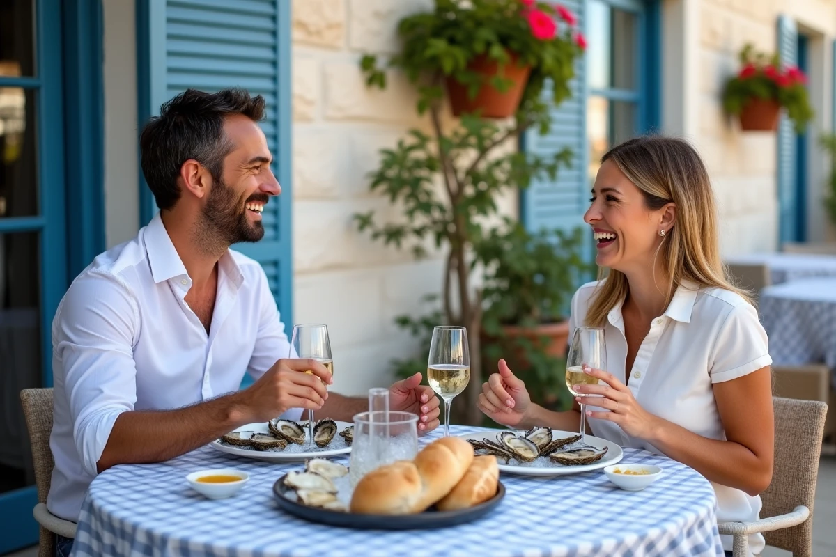 Déjeuner gourmand en terrasse à l'île de Ré avec plateau d'huîtres, vin blanc local et façade blanche aux volets bleus en arrière-plan