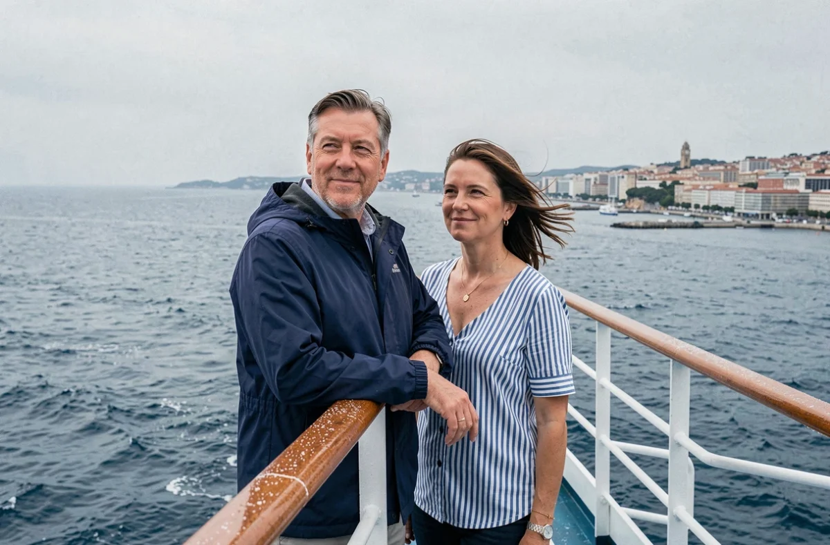 Couple sur le pont d'un paquebot observant le départ en croisière depuis Marseille