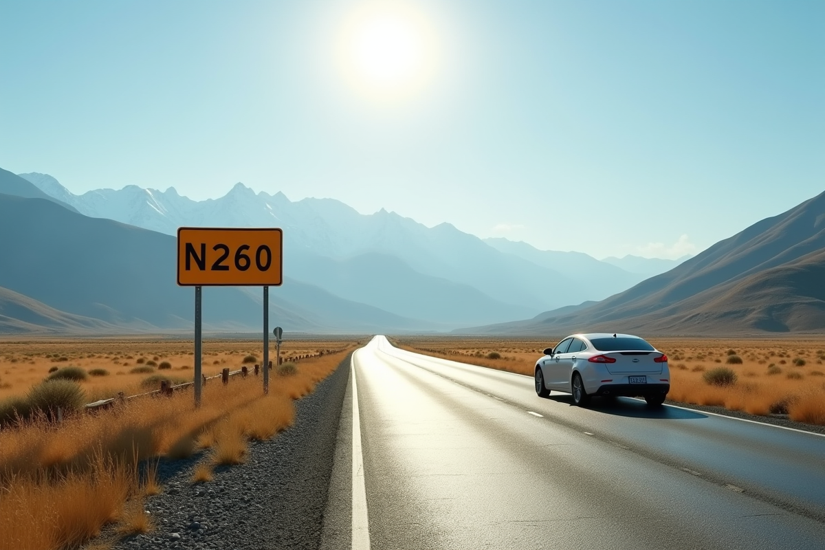 Départ de la route N260 avec panneau et paysage rural