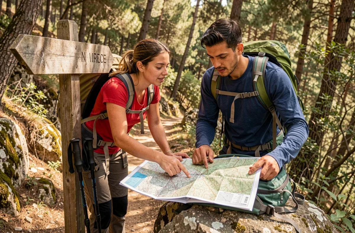 Deux randonneurs débutants consultant ensemble une carte topographique sur un sentier forestier près de Chefchaouen