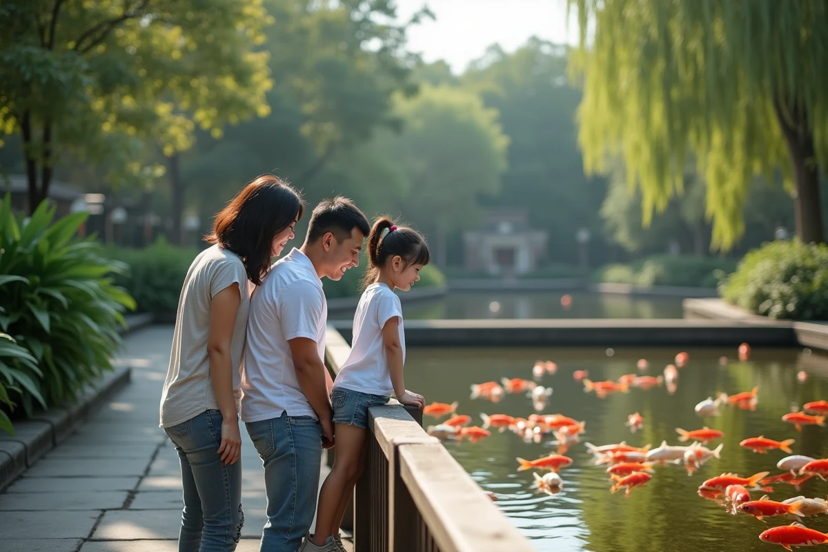 Parents et fille regardant des poissons koi dans un étang