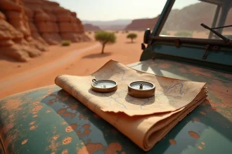 Carte routière et boussole posées sur le capot d'un Land Rover au bord d'un paysage désertique marocain avec des falaises de grès