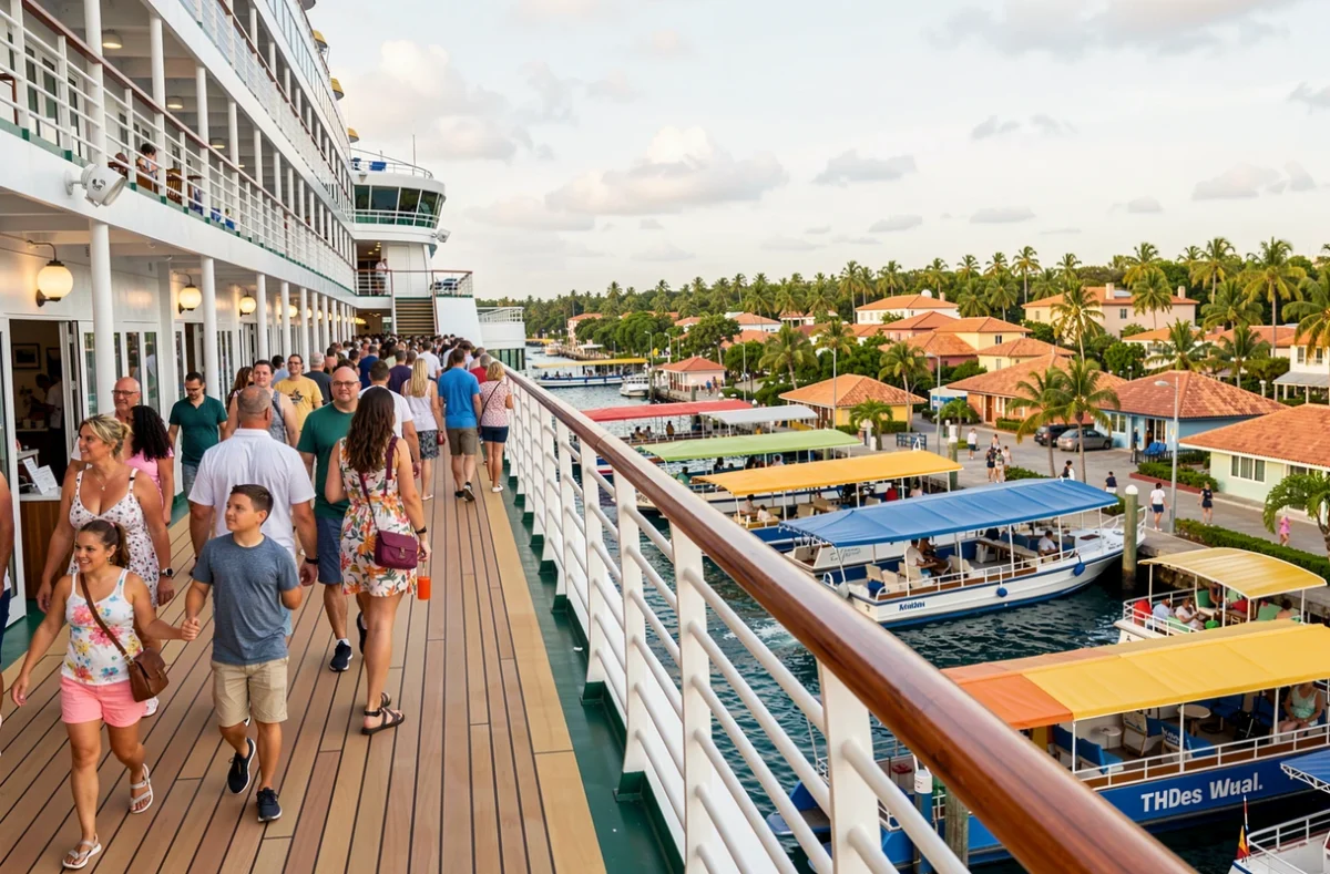 Pont d'un navire de croisière animé lors d'une escale dans un port caribéen coloré avec palmiers et toits en terre cuite