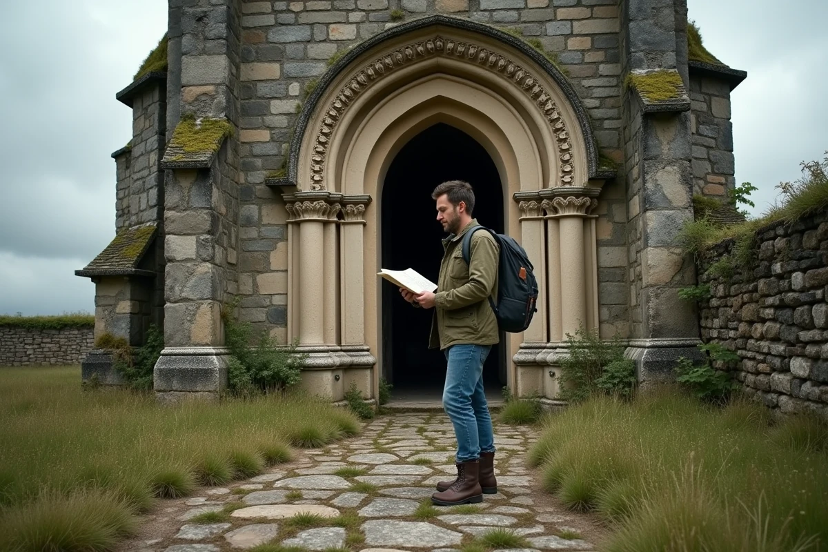 Explorateur consultant une carte devant une église en ruine dans un village abandonné de France