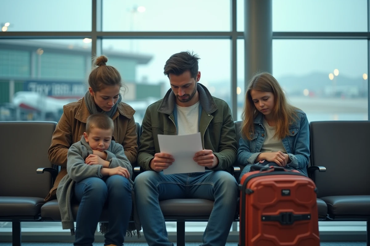 Famille fatiguée attendant dans un aéroport avant un vol long-courrier vers La Réunion, illustrant la préparation au décalage horaire