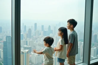 Famille chinoise souriante au sommet de la tour de Canton