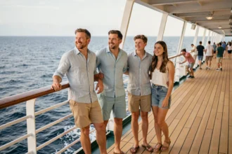 Famille de cinq personnes sur le pont d'un bateau de croisière regardant la mer