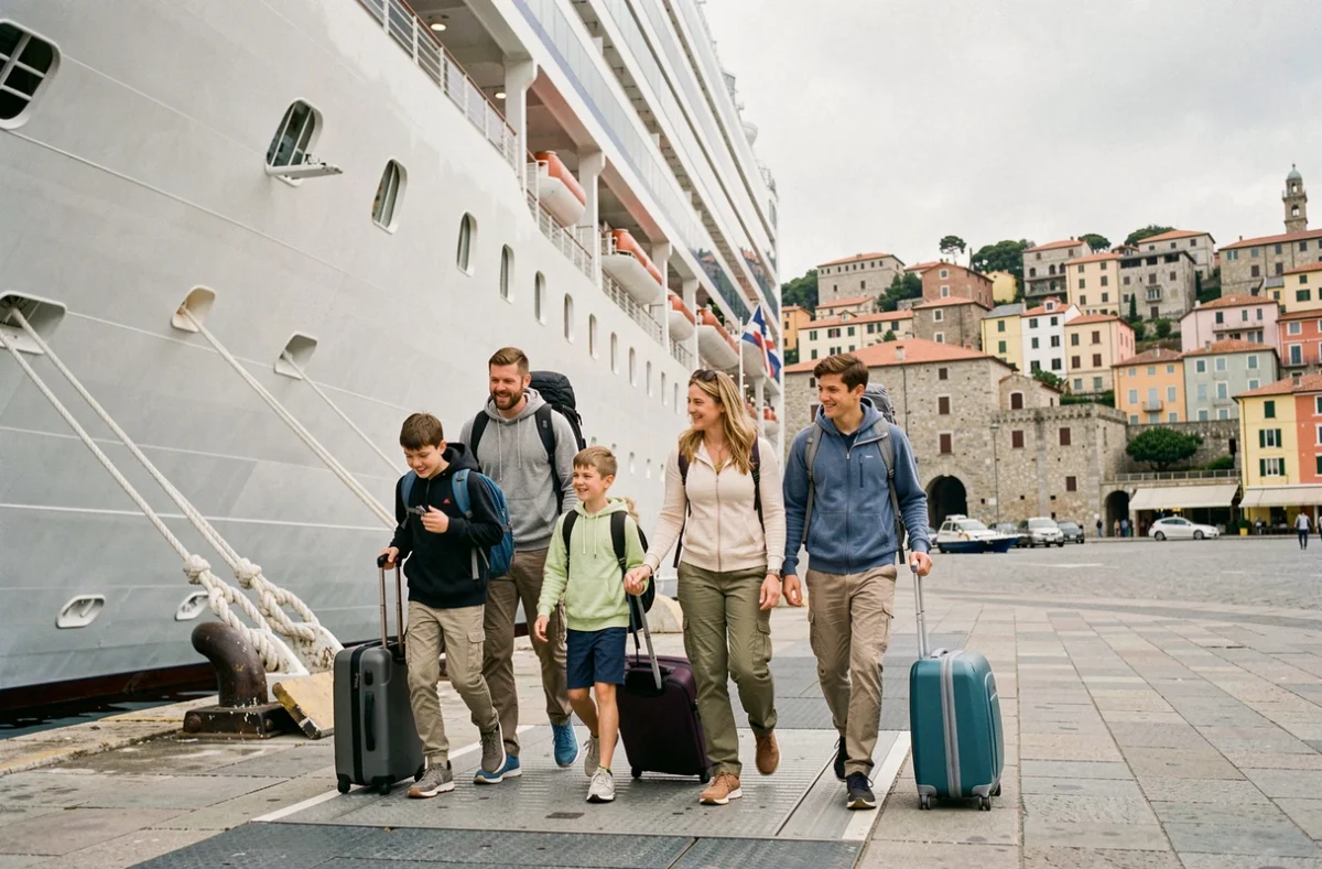 Famille de cinq personnes débarquant d'un navire de croisière dans un port méditerranéen