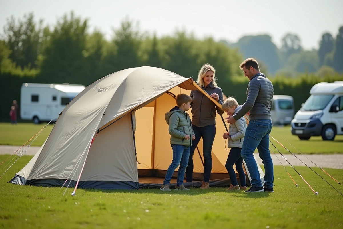 Famille montant une tente dans un camping européen lors d'un road trip en chaîne
