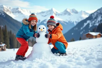Famille souriante construisant un bonhomme de neige dans les Alpes