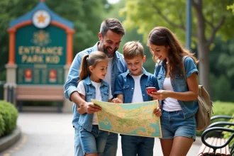 Famille de quatre découvrant une carte du parc ensemble