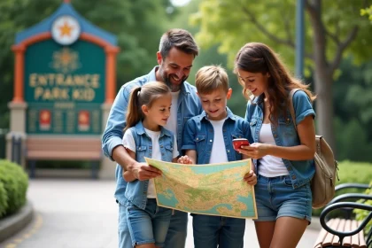 Famille de quatre découvrant une carte du parc ensemble