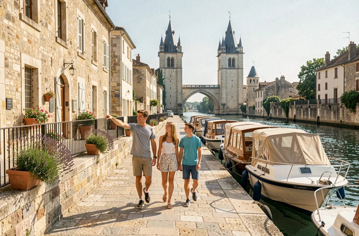 Famille se promenant sur les quais de Cahors avec vue sur le pont Valentré lors d'une croisière sur le Lot