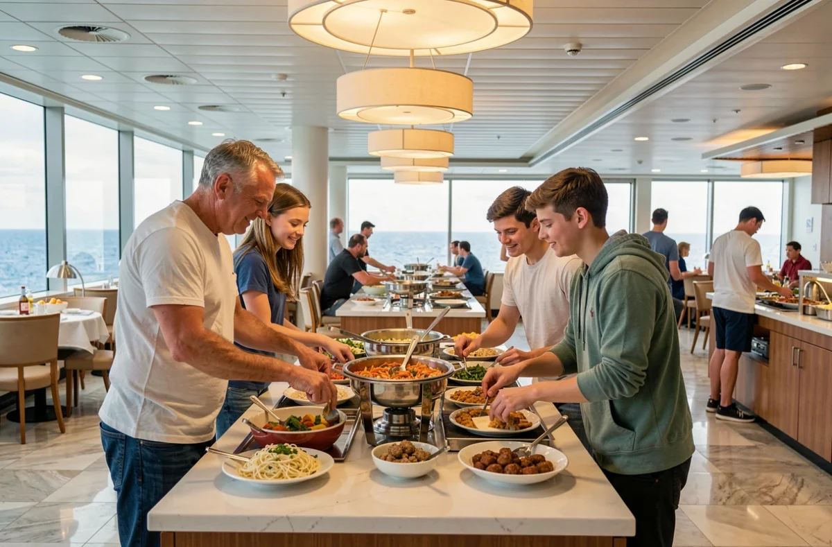 Famille de voyageurs au buffet du restaurant d'un bateau de croisière Costa