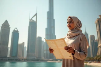 Femme en abaya devant le skyline de Dubai