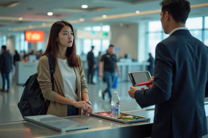 Jeune femme à l'aéroport vérifiant les objets interdits