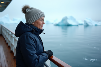 Femme en parka regardant les icebergs en Antarctique