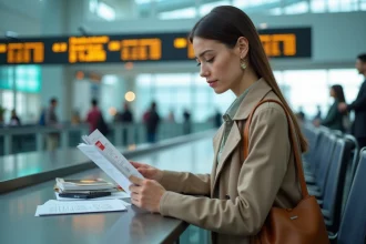 Femme regardant des documents de voyage à l'aéroport