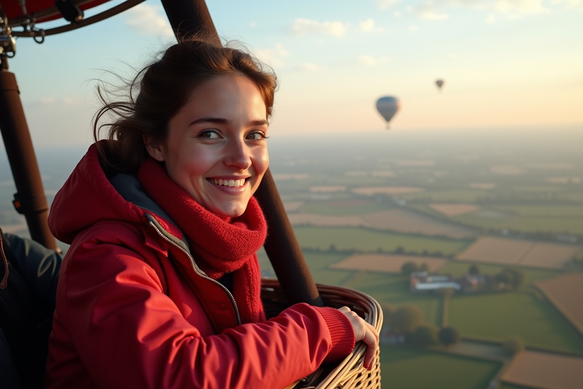 Jeune femme souriante dans une nacelle de montgolfière en vol