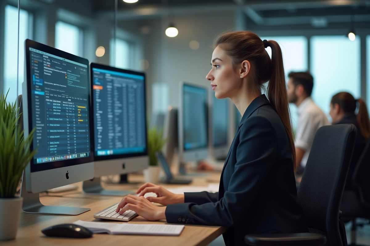 Jeune femme au bureau analysant des données d hotel