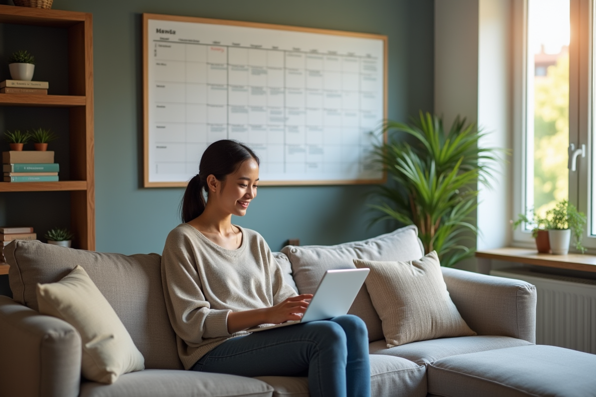 Jeune femme souriante marquant ses dates de voyage à la maison