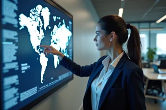 Femme pointant une carte mondiale des fuseaux horaires dans un bureau moderne