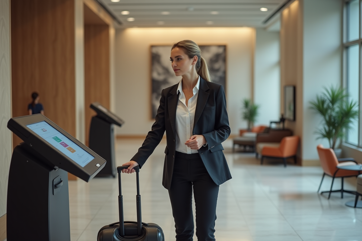 Jeune femme en costume utilise un kiosque de check-in