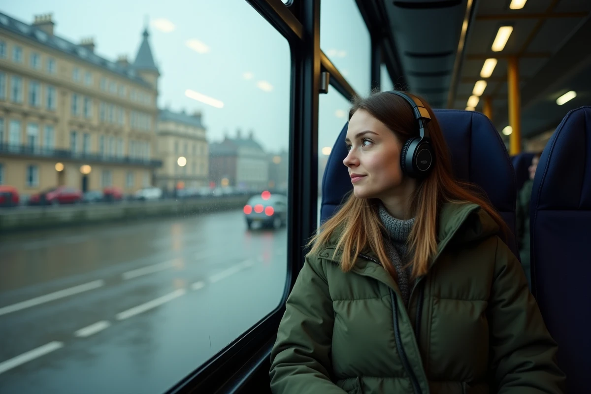 Jeune femme dans un bus regardant la ville à travers la fenêtre