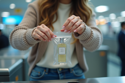 Jeune femme déposant un parfum dans un sac à l'aéroport