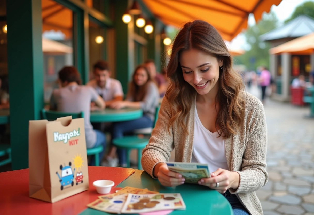 Jeune femme comptant des billets et pièces au restaurant en plein air